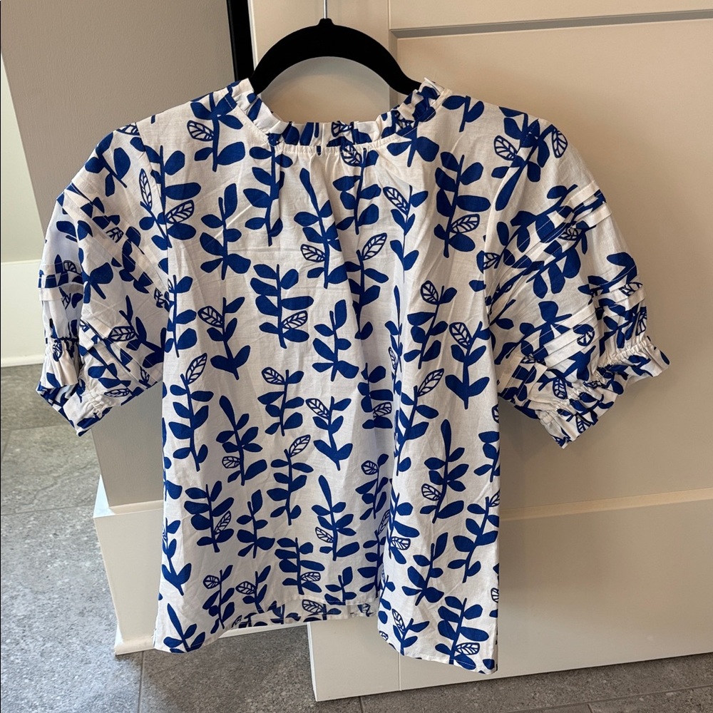 THML White Blouse with Blue Leaf Print